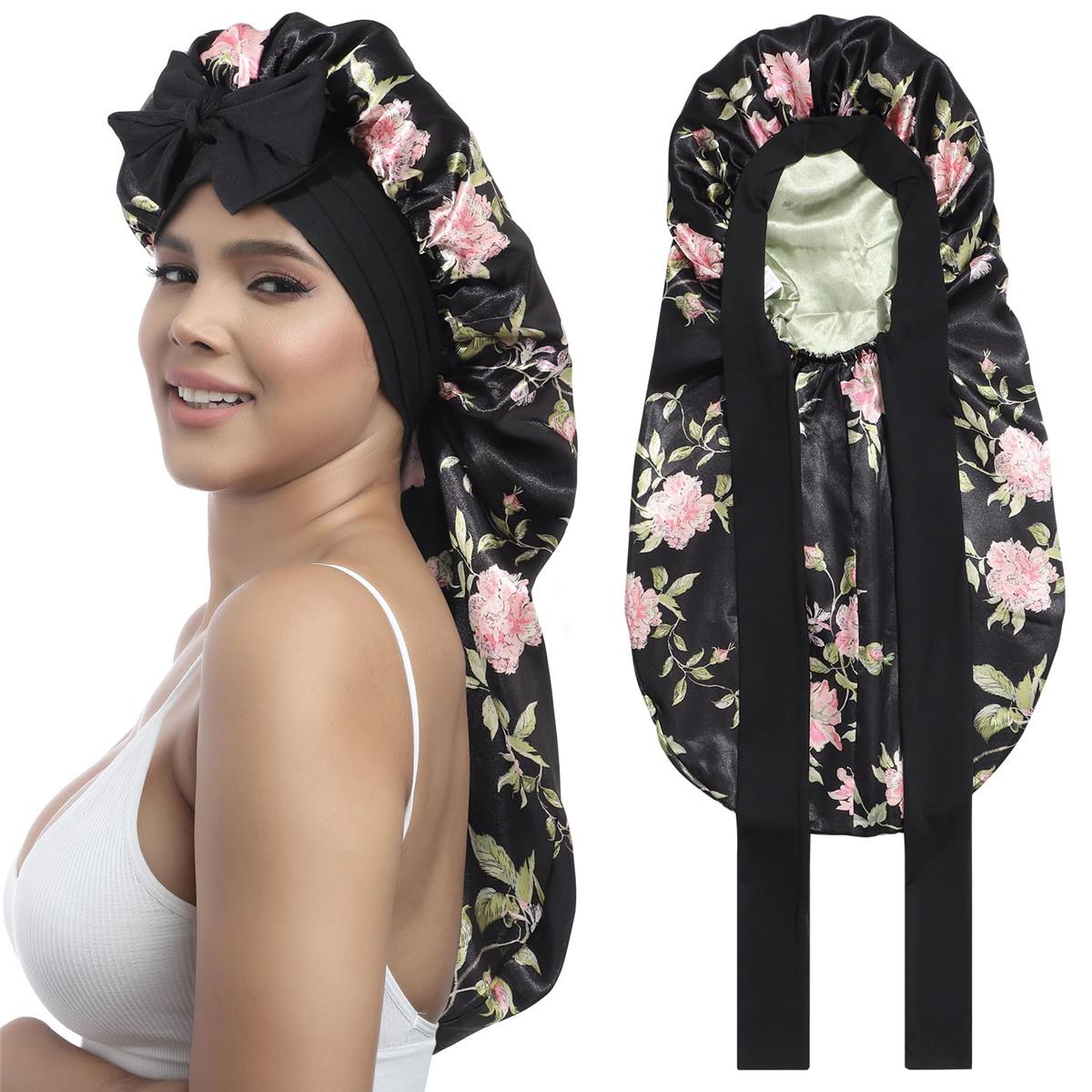 Double Layer Satin Bonnet for Sleeping - Silk Like Texture, Elastic Tie Band, Curly Hair Nightcap, Smooth Haircare, Reusable, 100% Polyester, 55cm Cap Circumference, 94cm Length, 35cm Width, 61cm Rope Length, 6.5cm Rope Width