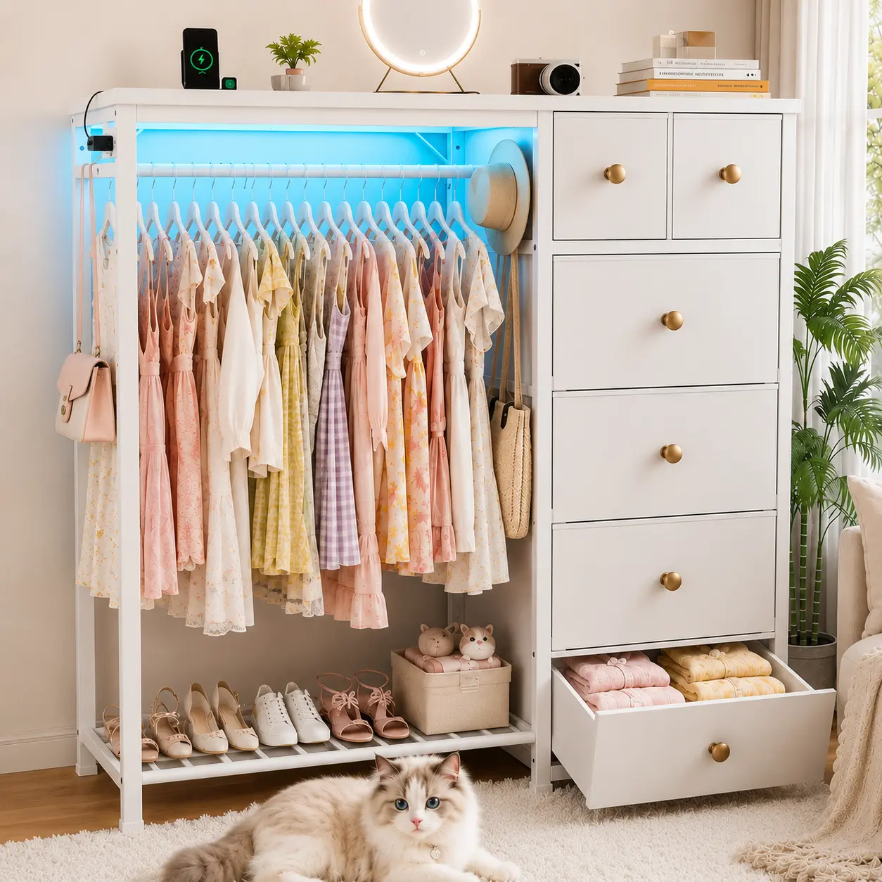 [4-in-1 Design】Raybee Dresser with Hanging Rack for Bedroom, 6 Fabric Drawer Dresser with LED Lights & Charging Station, Fabric Dressers & Chest of Drawers, Storage Organizer with Grid Panel & 4 Hooks, Wooden Top, for Living Room, Closet