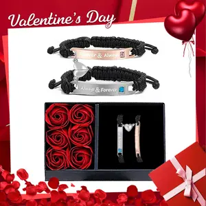 Couple Rhinestone Decorated Magnetic Heart Charm String Bracelet  Gift with Rose Gift Box, 1 Set Fashionable Jewelry for Women & Men, Trendy Bf Gf Bracelet Jewelry for Birthday Gift