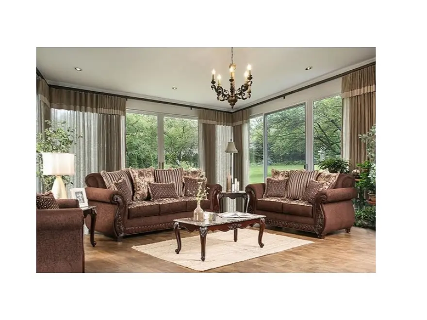 SM6109 Tabitha Brown Chenille Traditional Sofa and Love Seat Set with Dark Cherry Wood Trim, for Living Room