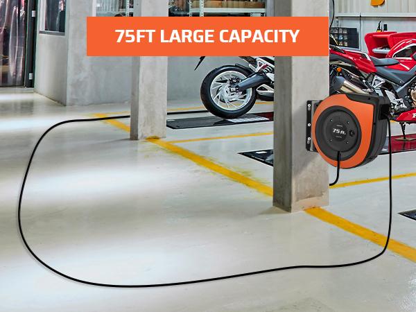 DEWENWILS Retractable Extension Cord Reel, 75 FT Heavy Duty Power Cord, 14/3C SJTOW, Lighted Triple Tap Outlets, 10A Circuit Breaker, Wall/Ceiling Mounted for Garage, Workshop, UL Listed, Cable Wall-HCRA75A DEWENWILS Retractable Extension Cord Reel, 75 FT Heavy Duty Power Cord, 14/3C SJTOW, Lighted Triple Tap Outlets, 10A Circuit Breaker, Wall/Ceiling Mounted for Garage, Workshop, UL Listed, Cable Wall-HCRA75A