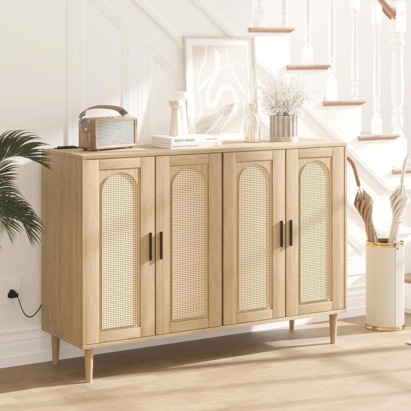 Garvee Lacquered Wood Rattan Sideboard - Wooden Accent Buffet Cabinet with Power Outlet, 4 Doors, Adjustable Metal Hardware, 200 lbs Capacity for Entryway, Dining Room, 200 Pounds