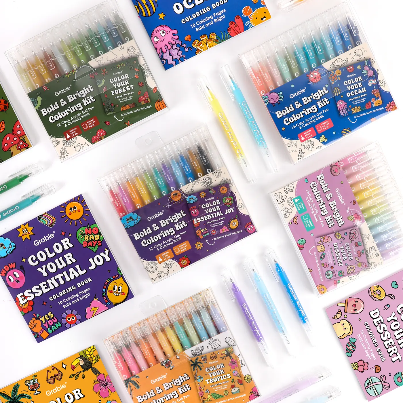 Grabie Bold & Bright Coloring Kit, 12-Color Acrylic Gel Pen & Coloring Book, Back to School, Class Reward Gift Idea, School Supplies