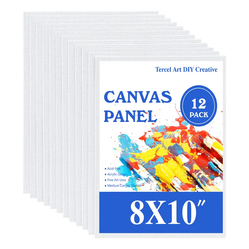 12 Pack 8x10 in Acid-Free Gesso-Primed Cotton Canvas Boards - Portable Flat Surface Panels, Unisex DIY Painting Supplies for Acrylic, Oil, Watercolor, Tempera, Anti-Warping, Ideal for Weddings, Adults, Holidays