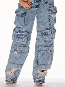 Nikki Non Stretch Acid Wash Cargo Jeans - Medium Wash