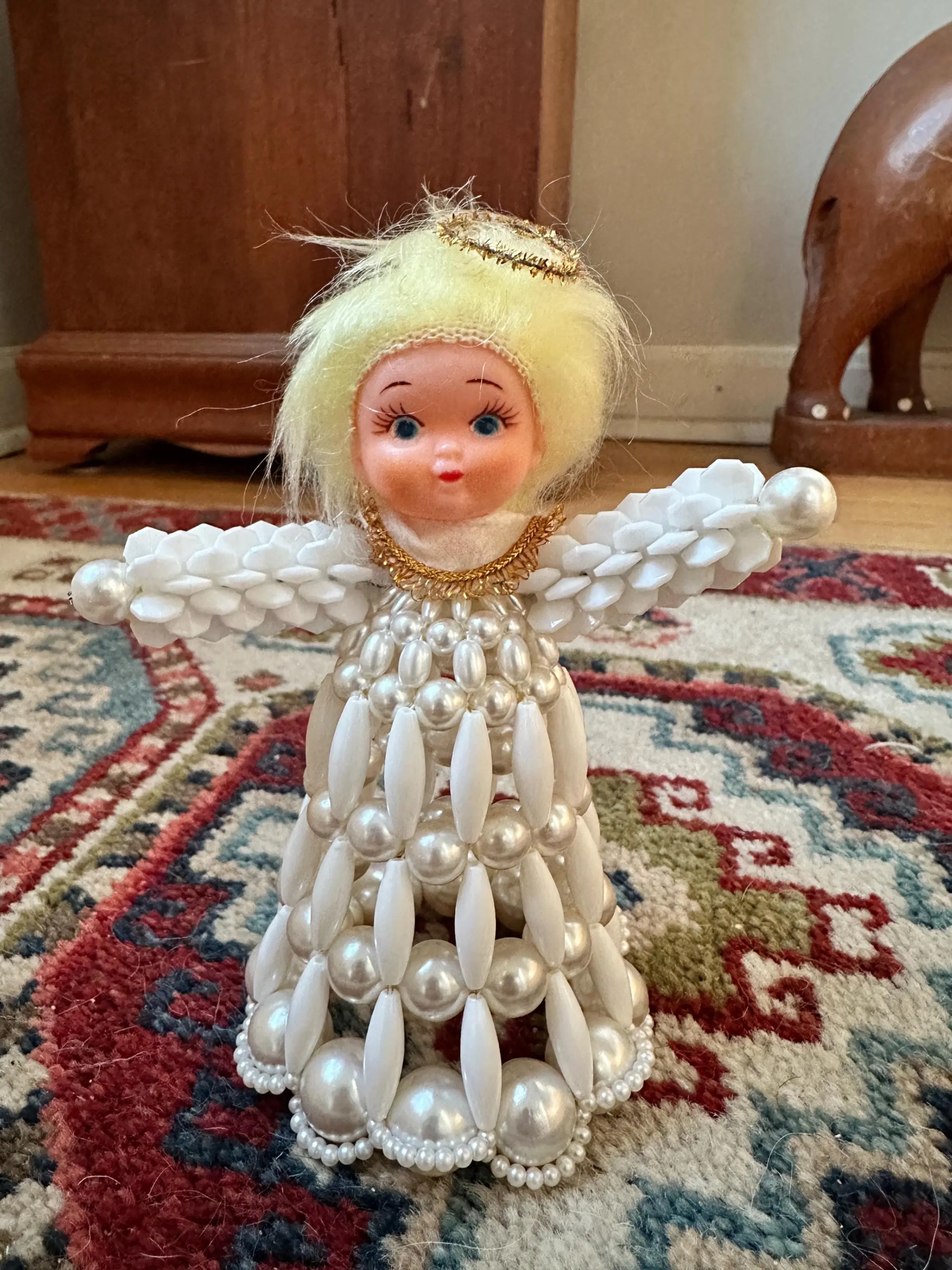 Vintage Beaded Angel Christmas Tree Topper, Hand Crafted, Kitschy Christmas, Mid-Century Figurine, 6 x 4 inches