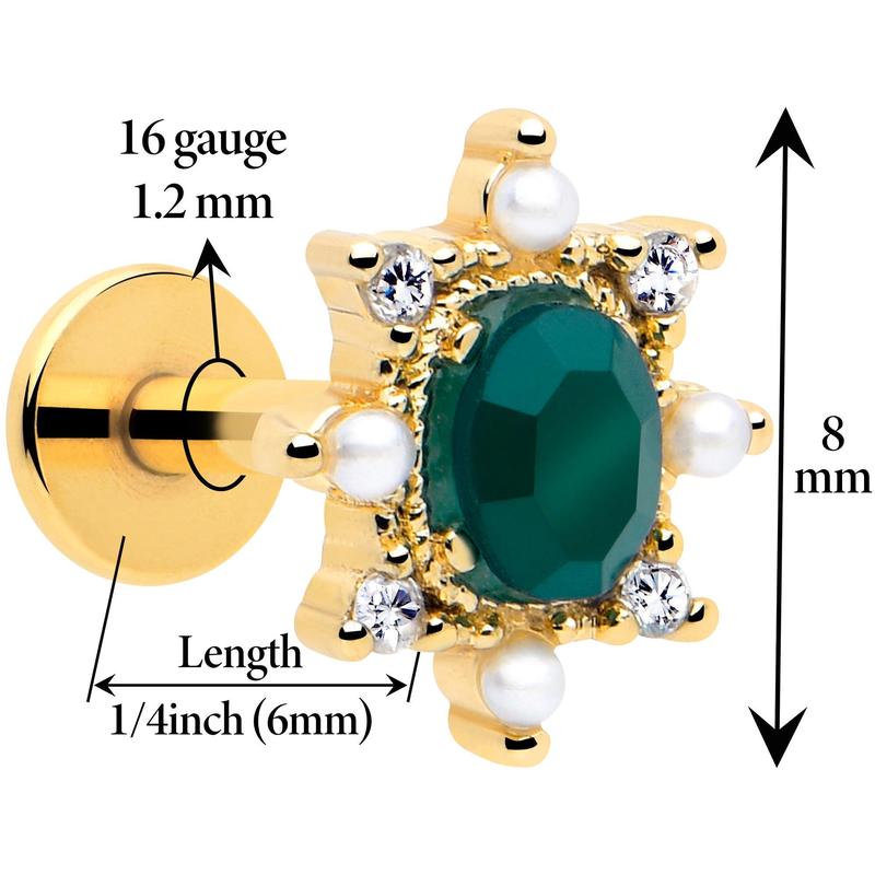 16G  Green CZ Gem Gold Tone Royal Beauty Flat Back Cartilage Tragus Labret