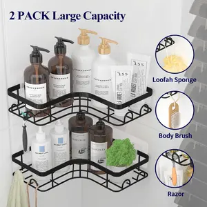 Adhesive Shower Caddy 2 Pack No Drill Bathroom Storage Organizer Rustproof Metal Shower Shelf Large Black for Easy Organization