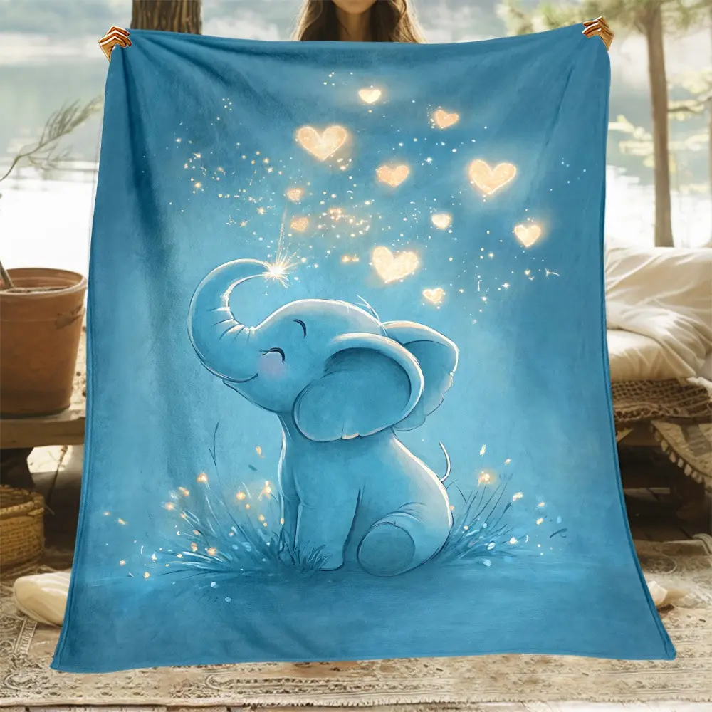 Cute Blue Baby Elephant Glowing Heart Print Flannel Blanket - Soft, Cozy Magical Watercolor Plush Throw, Animal Artwork, Child-Sized, Colorful, Cuddly, Cute Design Blanket for Kids, Ideal Baby Shower Gift, Animal Artwork Blankets, Child-Sized Blankets