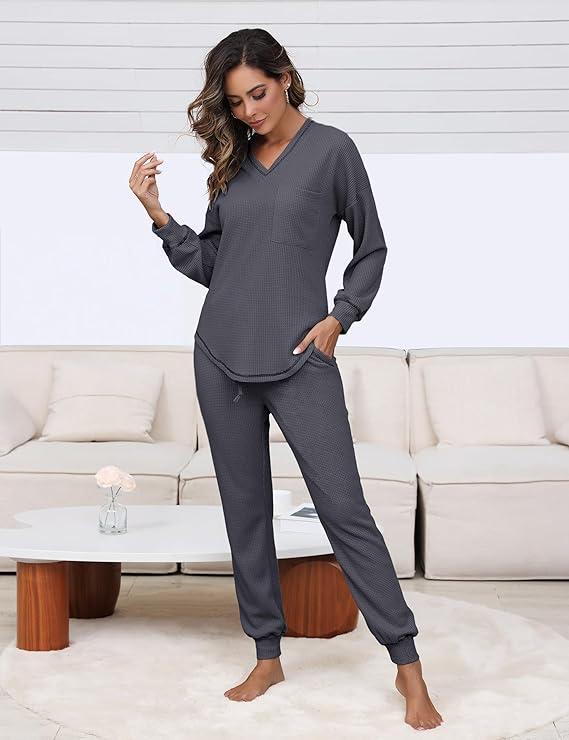 Becotal Womens Two Piece Outfits Lounge Sets Waffle Knit Long Sleeve Pullover Tops and Jogger Sweatpants Tracksuits 2025 Spring Springtok Clothes Womenswear Bottoms Comfy Essential Knitted Loose Basic Camel