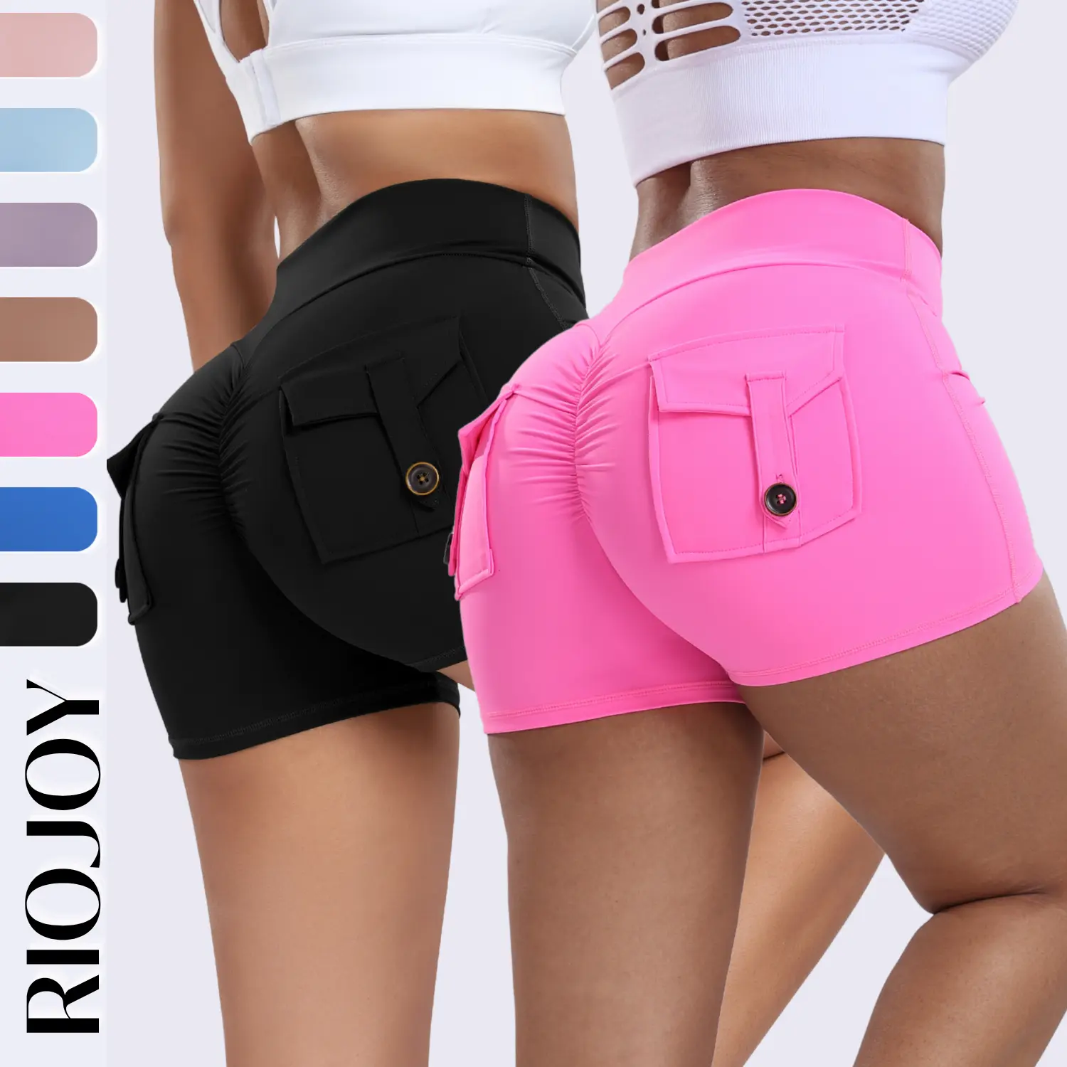 RIOJOY 2 Pack Women's Workout Shorts with Cargo Pocket 3" Inseam Scrunch Butt Gym Shorts V Cross Waist Yoga Booty Lifting Athletic Bottom for Women Summer Womenswear,back to school shopping