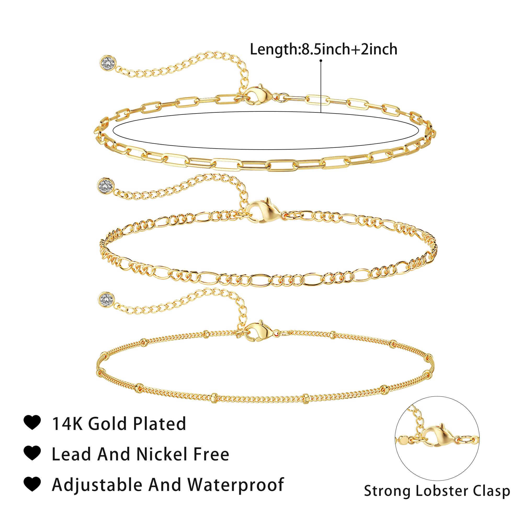TEWIKY 14K Gold Plated Triple Layer Anklet with Paperclip Figaro Stars Elegant Design Valentine's Day Gift Versatile for Various Occasions