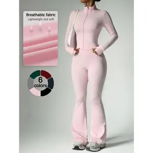 Women's 2-Piece Solid Color Set Long Sleeve Stand Collar Jacket with Thumb Holes, Breathable Yoga for Gym Outdoor RunningGift