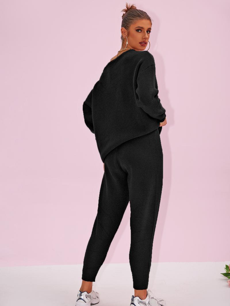 Joyfunear 2pc Set Top & Bottoms - Minimalist Crew Neck Long Sleeve Fitted Black Casual Basic Suits for Women