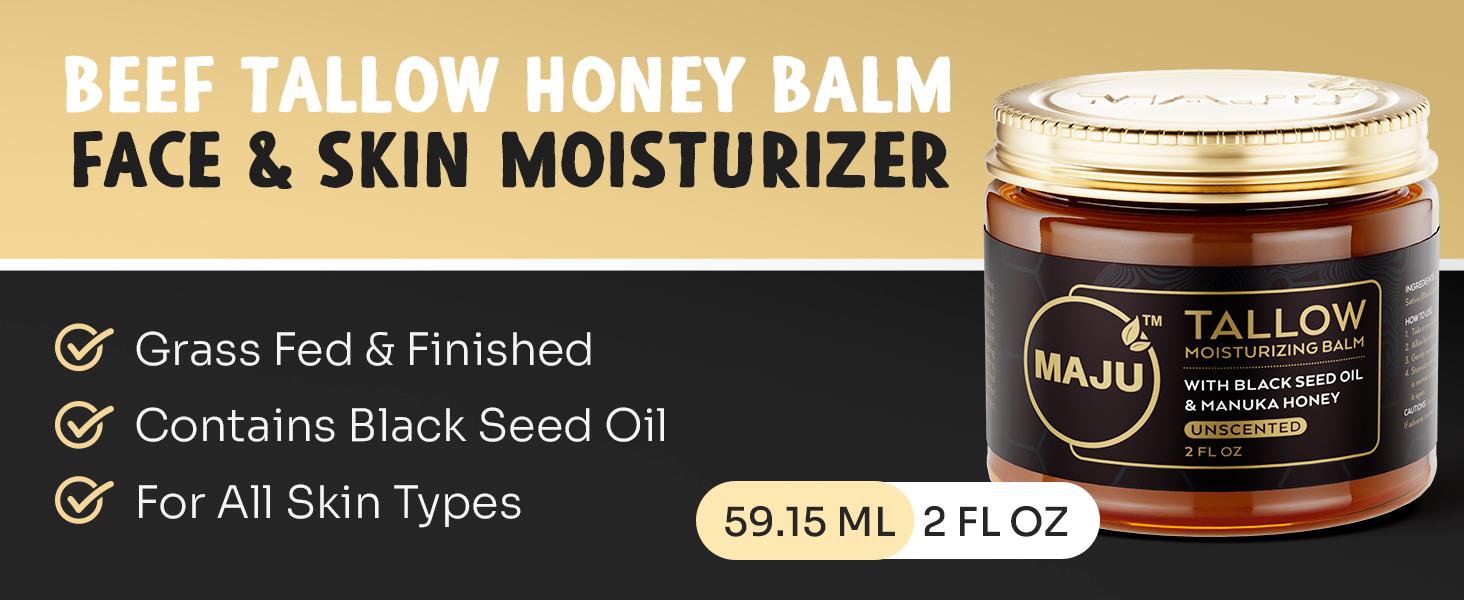 MAJU Tallow Black Seed Honey Balm, 2 FL OZ, Grassfed Beef Tallow, Manuka Honey, Organic Black Seed Oil & Beeswax, Gentle Moisturizer for All Skin Types, Radiant Hydrated Skin Care - Deeply Moisturizing