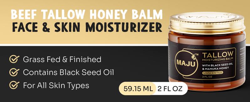 MAJU Tallow Black Seed Honey Balm, 2 FL OZ, Grassfed Beef Tallow, Manuka Honey, Organic Black Seed Oil & Beeswax, Gentle Moisturizer for All Skin Types, Radiant Hydrated Skin Care - Deeply Moisturizing