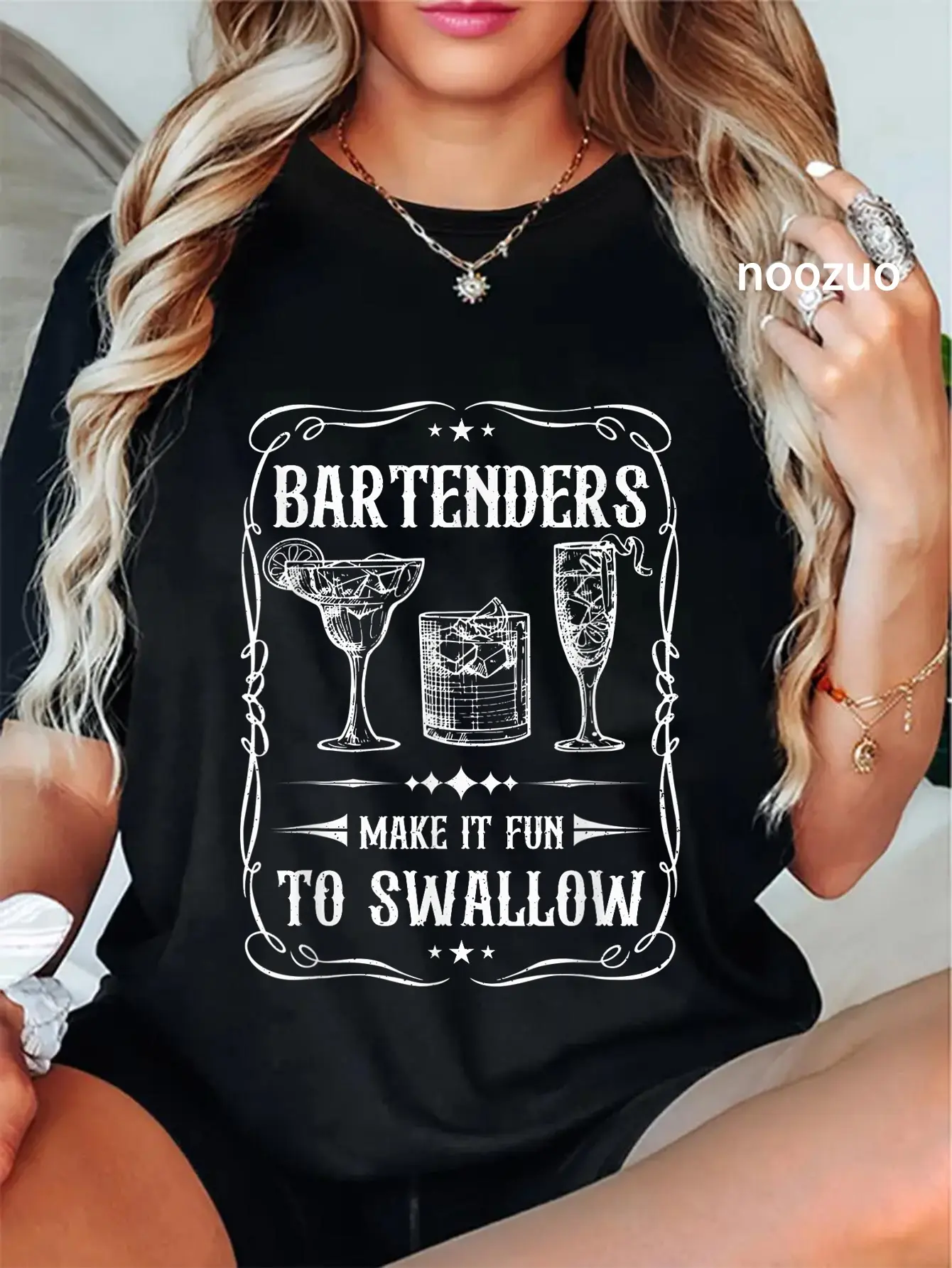 Women's Vintage Graphic T-Shirt, Funny 'Bartenders Make It Fun To Swallow' Quote, 100% Cotton Casual Top for Everyday Wear, Tops