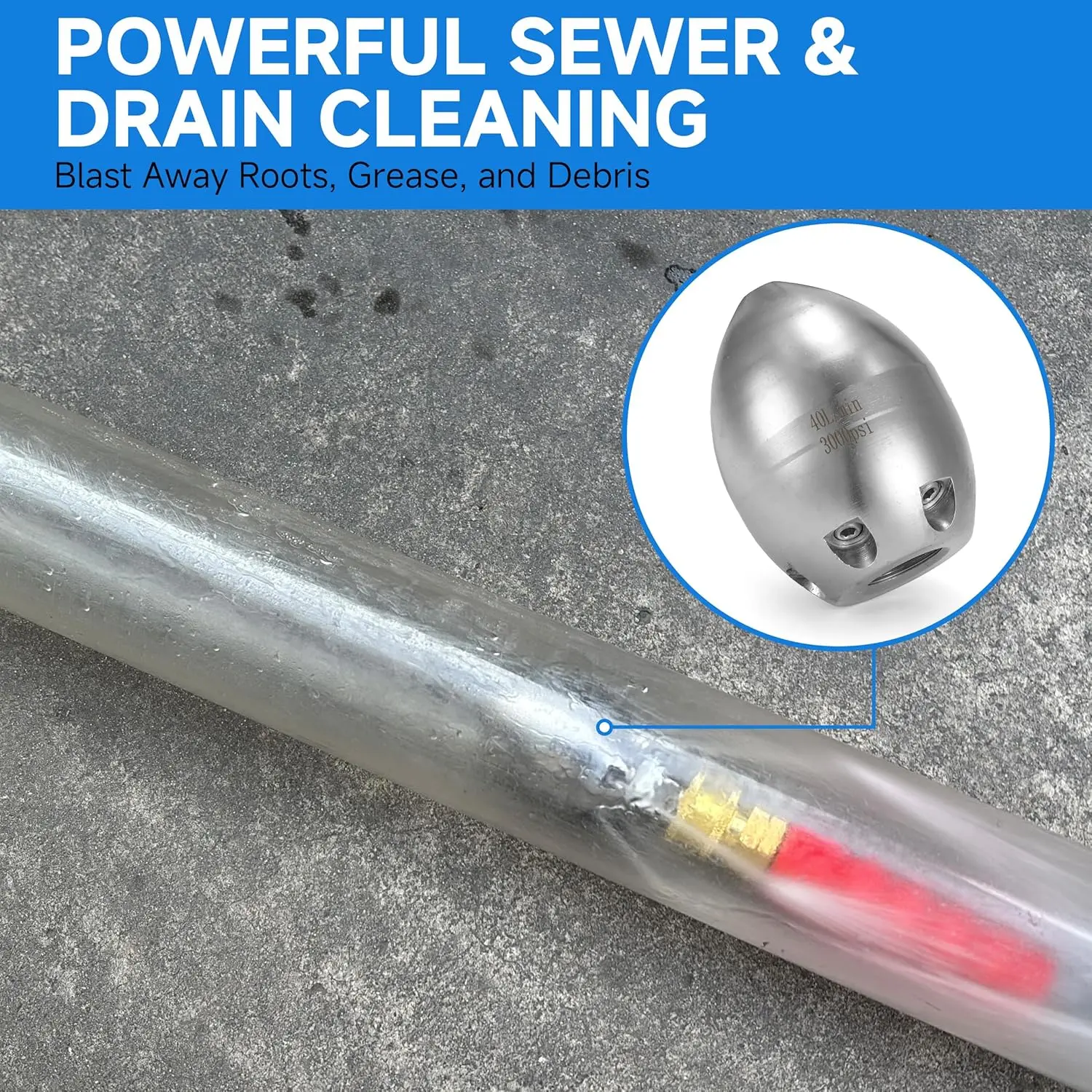 Tool Daily 3/8” NPT High Pressure Sewer Jetter Nozzle for Pressure Washer, Stainless Steel Drain Cleaning Nozzle, 40 L/Min, 3000 PSI, High Pressure Nozzles