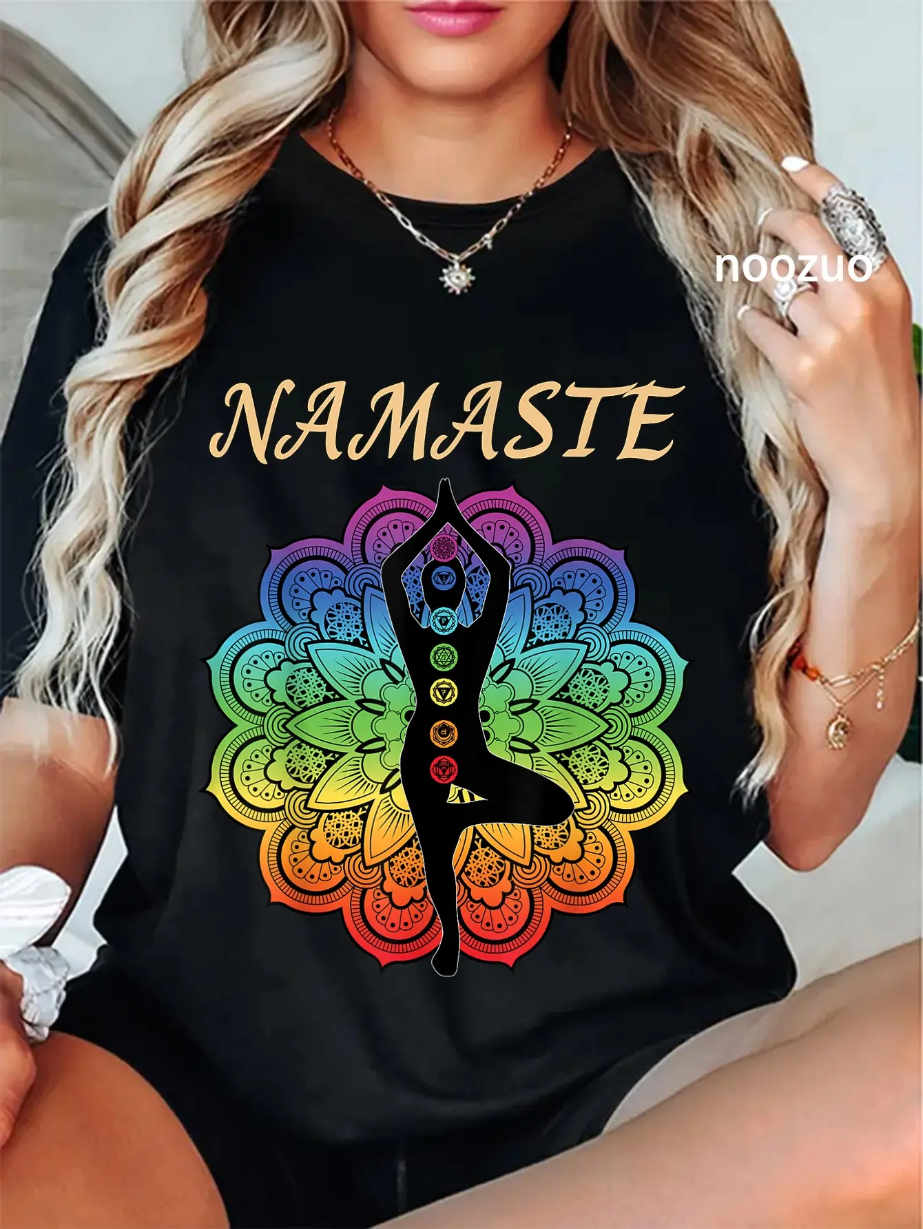 Women's 100% Cotton 7 Chakra Namaste Reiki Kundalini Graphic Vintage Tops - Everyday Women's T-Shirt, Whimsical, Chakra Print, Funny, Short Sleeves, Casual, Streetwear