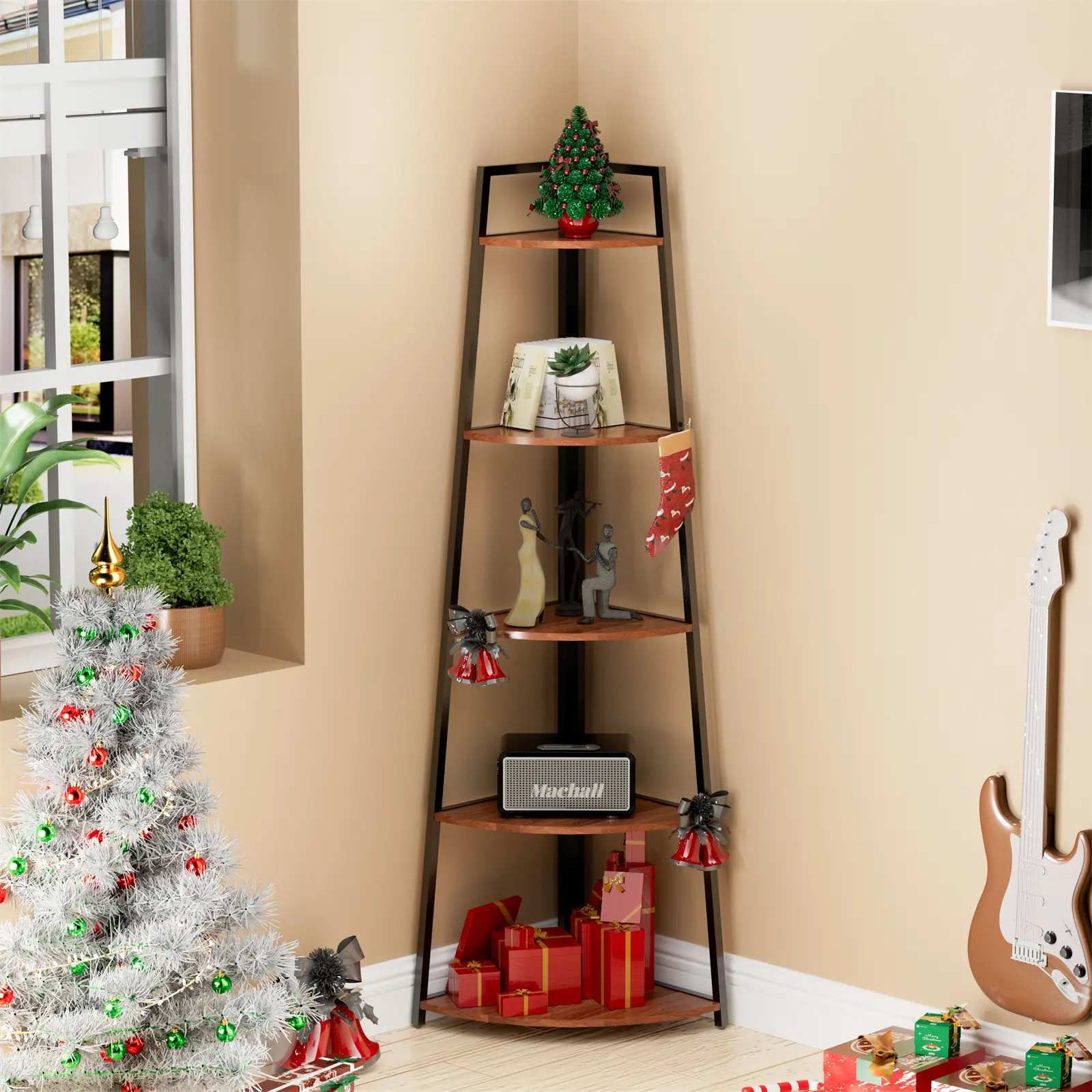 70 inch  Corner Shelf Stand, 5-Tier Display Shelves, Ladder Corner Wood Storage Plant Bookshelf with Metal Frame, Versatile Shelving Unit Bookcase For Living Room, Kitchen, Home Office