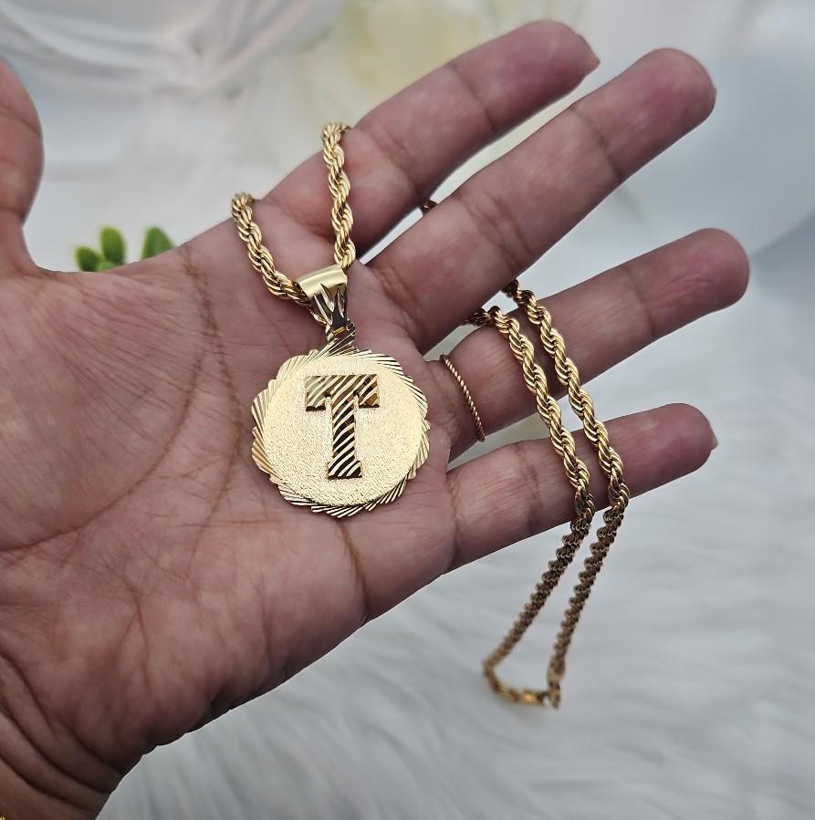 Gold Initial Necklace for Men 30mm Circle Pendant 14k Gold Plated 5mm French Rope Chain Lifetime Replacement Guarantee Perfect for Birthdays