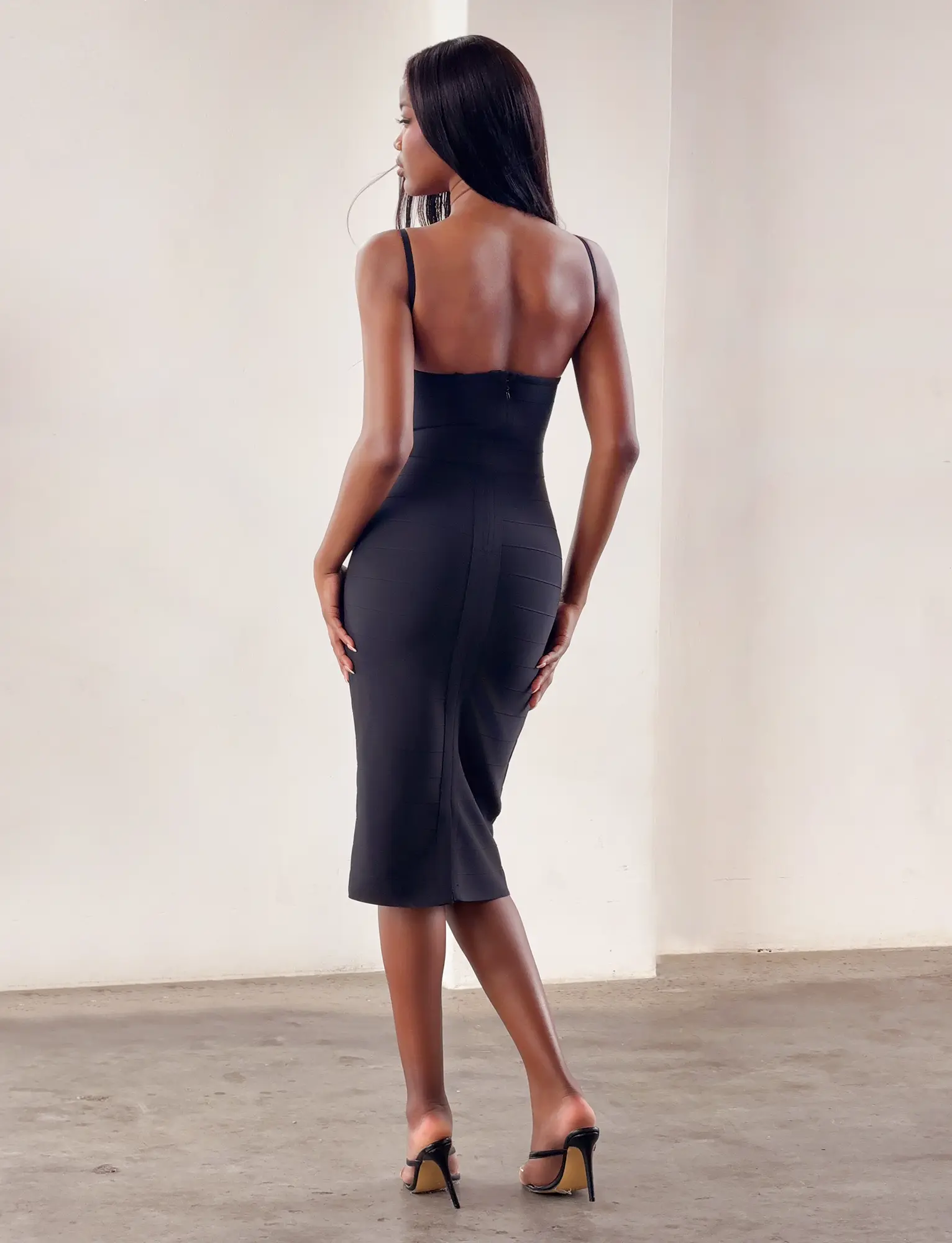 black knee length bandage dress 'The Naomi' Black Long Sleeve Bandage Midi Dress