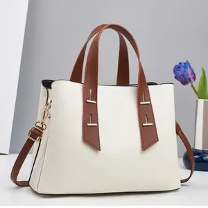 Elegant Two-Tone Tote Bag – Cream & Brown Structured Handbag with Shoulder Strap
