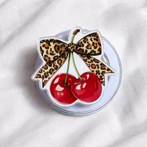 Leopard Bow Cherry MagSafe Phone Grip, Cute Cherry Magnetic PopSocket Stand for iPhone & MagSafe Cases
