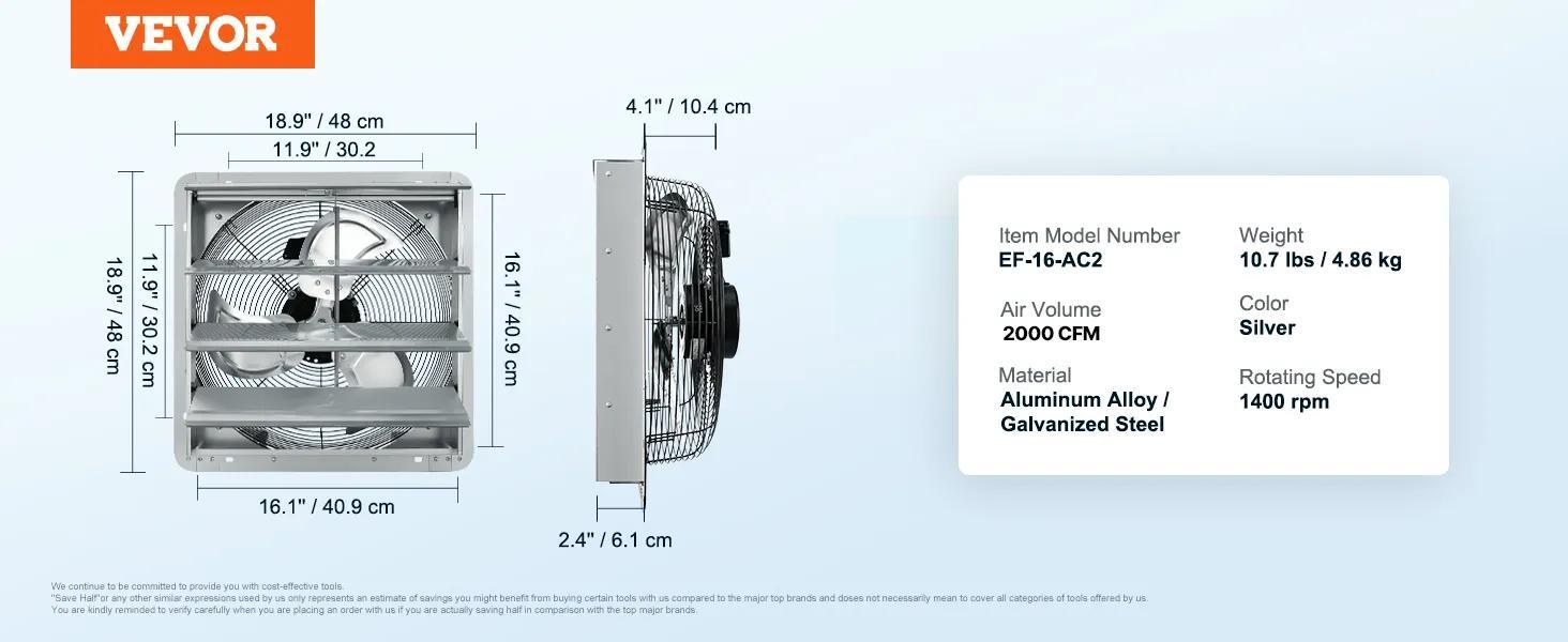 VEVOR Shutter Exhaust Fan, TikTokShopBlackFriday, 16'' with Temperature Humidity Controller, EC-motor, 2650 CFM, 10-Speed Adjustable Wall Mount Attic Fan, Ventilation and Cooling for Greenhouses, Garages, Sheds, ETL Listed  With or without a controller