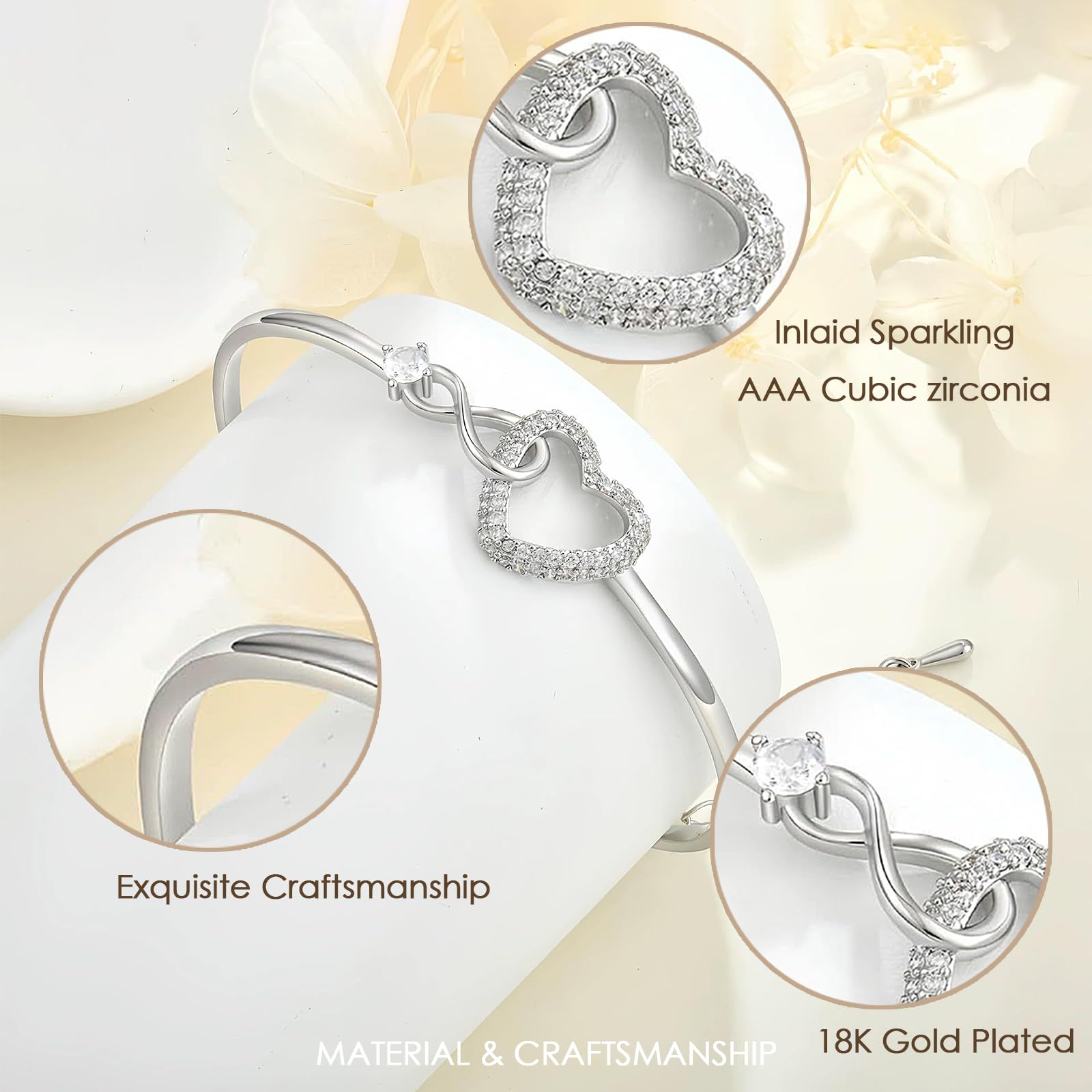 Romantic Infinity Heart Bangle-Plated Adjustable Bangle with Sparkling Cubic Zirconia (Romantic Love Gift for Women& Gifts)