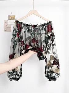 Womens Sheer Mesh Floral Embroidered Off Shoulder Crop Top – Lantern Sleeve Crochet Boho Summer Going Out Top