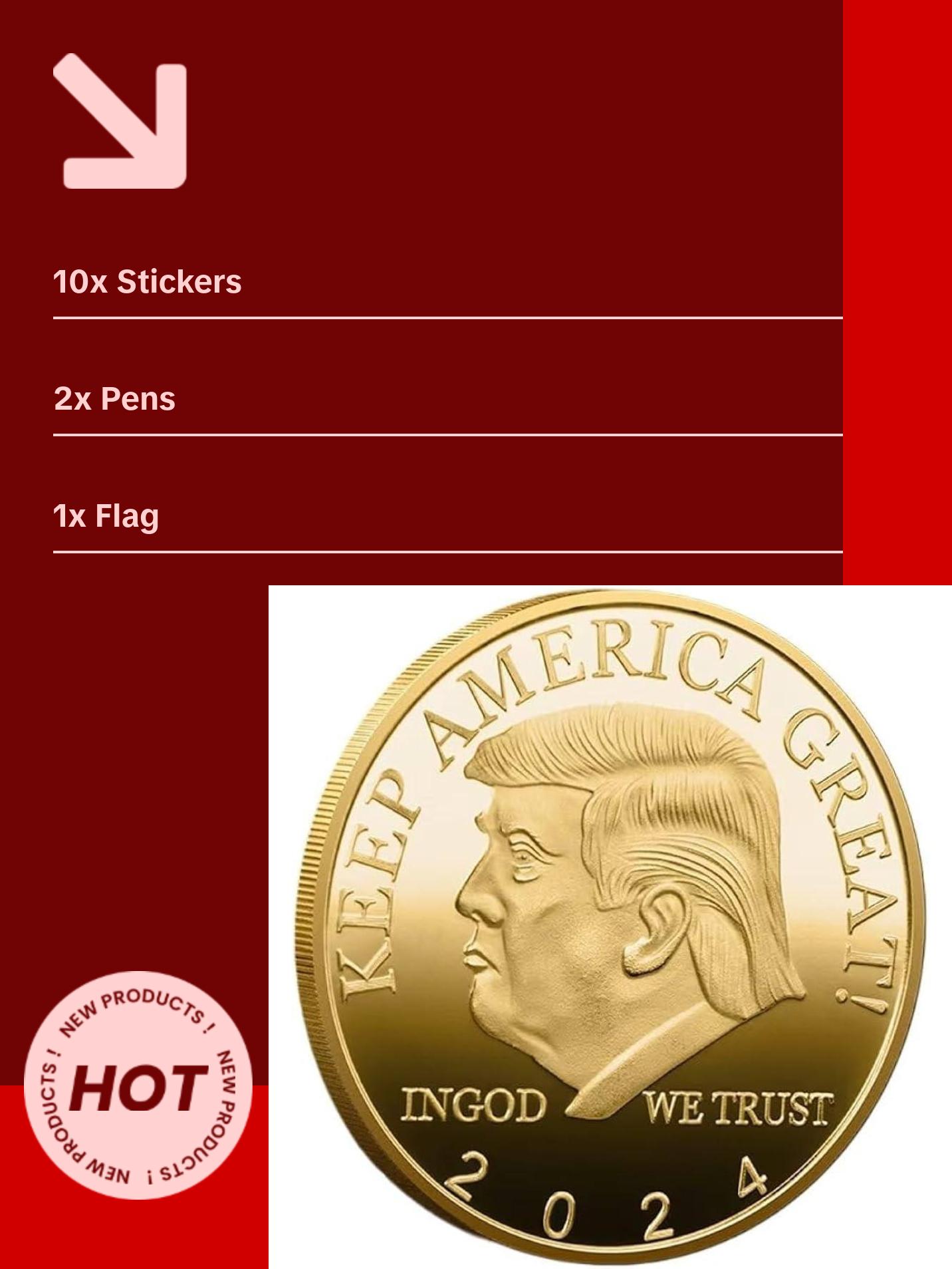 Trum 2024 All-In-One Bundle including socks, hat, banner, flag, multi-function pen, stickers, and coin