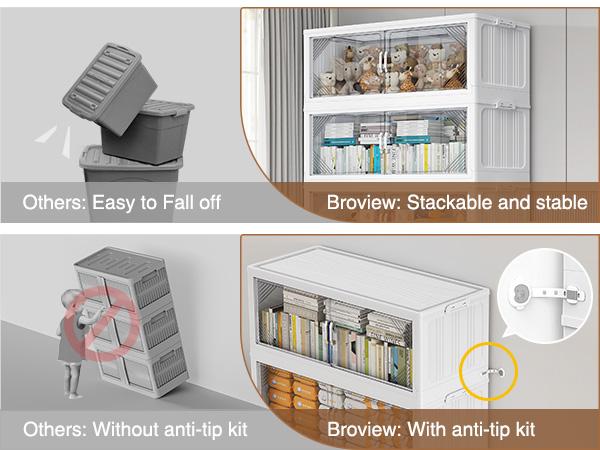 Broview V60 660Qt/700Qt/880Qt/1100Qt Extra Large Plastic Storage Bins with Lid, Each 220Qt stackable storage bin with lid,275Gal Stackable Containers With Drawers, Foldable Cabinets with 6x Wheels, Collapsible Closet Organizers for Home Office