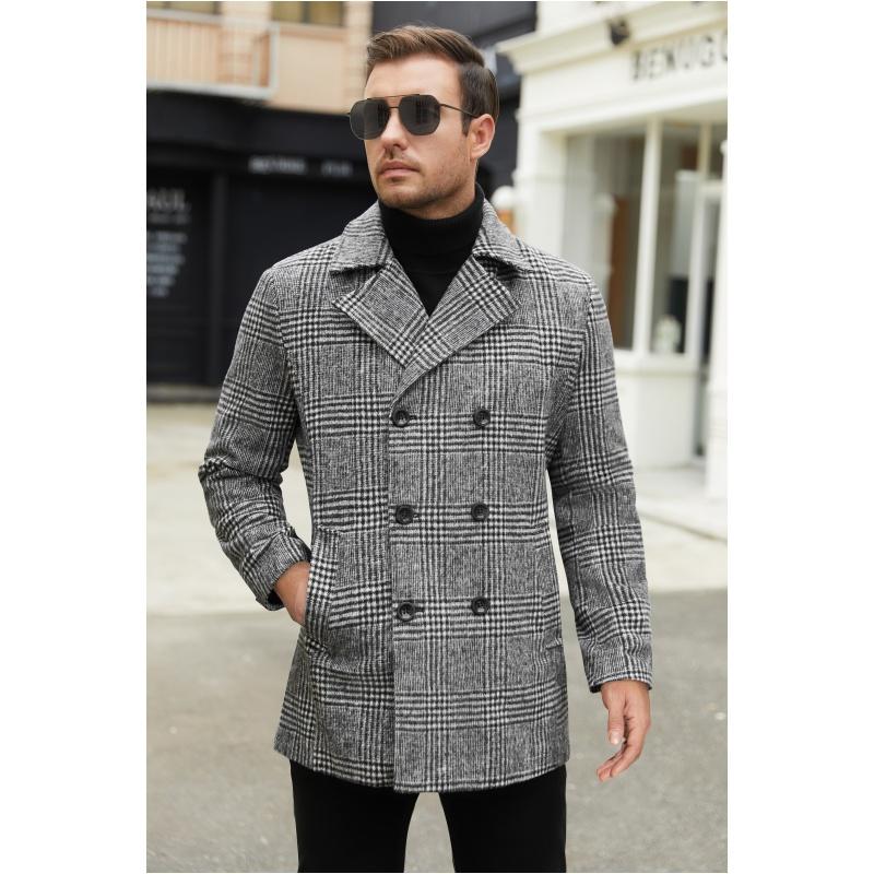 Men's Double Breasted Pea Coat Winter Overcoat Short Trench Coat Notched Collar