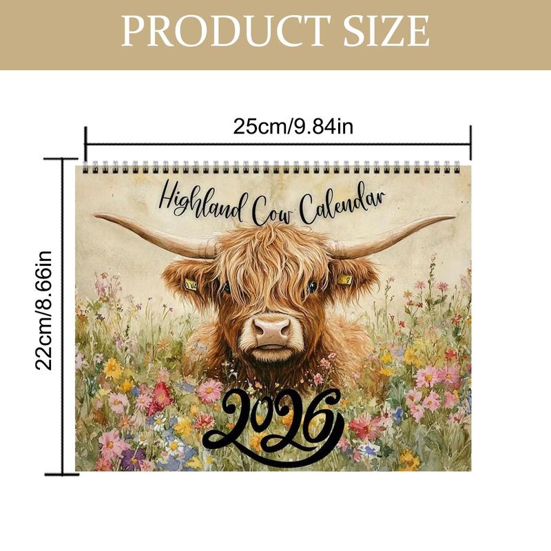 Highland Cow Calendar 2026, 12 Month Wall Calendar, Watercolour Cows Monthly Planner Scottish Wall Art Decor For Animal Lovers