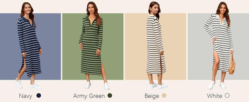 Imily Bela Womens Striped Summer Dresses Short Sleeve V Neck Knit Collared Sexy Slit Loose Maxi Sweater Dress
