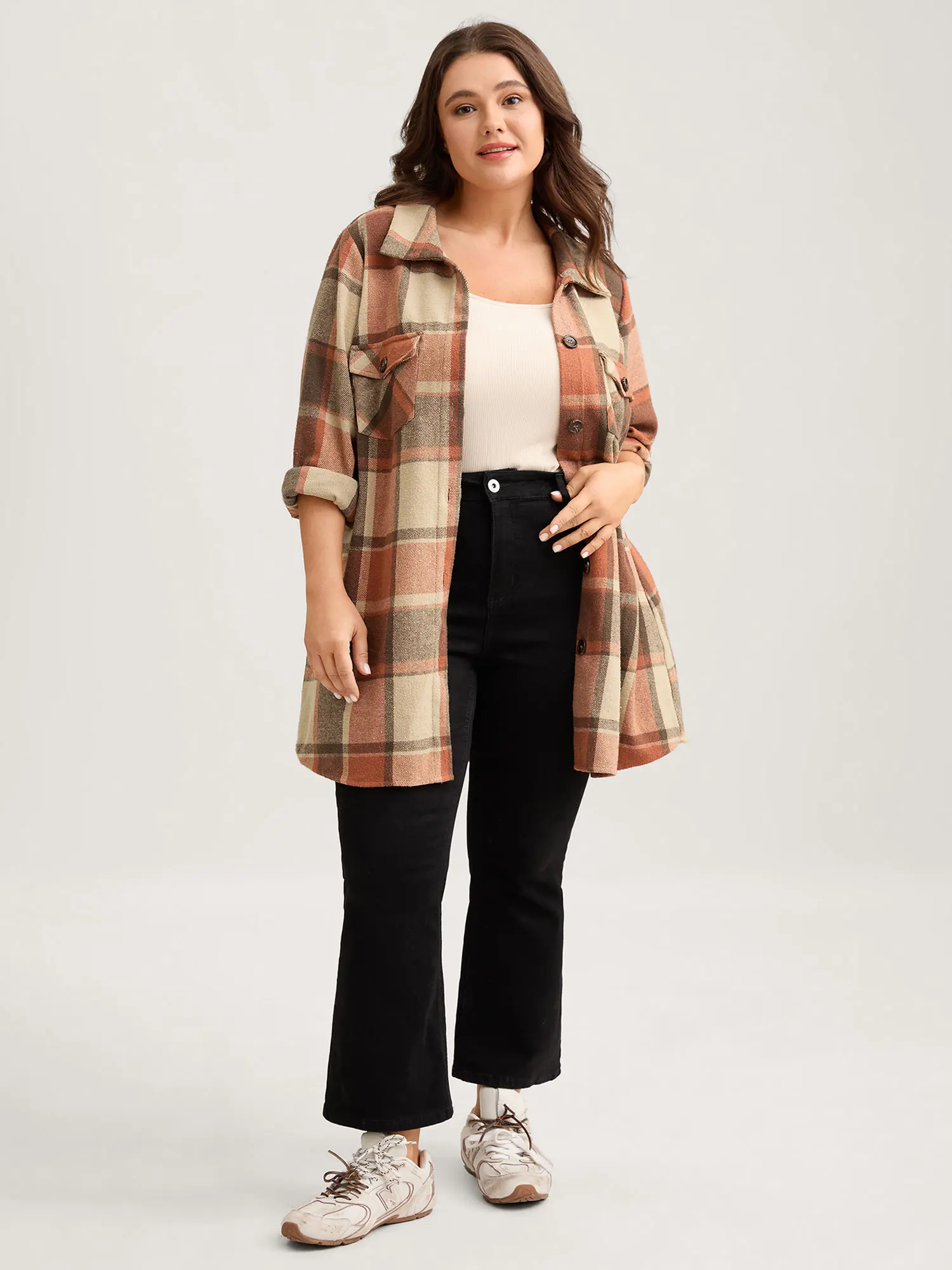 BloomChic Women's Plus Size Oversized Plaid 60% Polyester 40% Cotton Shacket - Loose Cut Button-Down Open Front Coat, Long Sleeve Layering Top with Chest & Side Pockets, Machine Wash Casual Jackets Outerwear, Rust, Coats