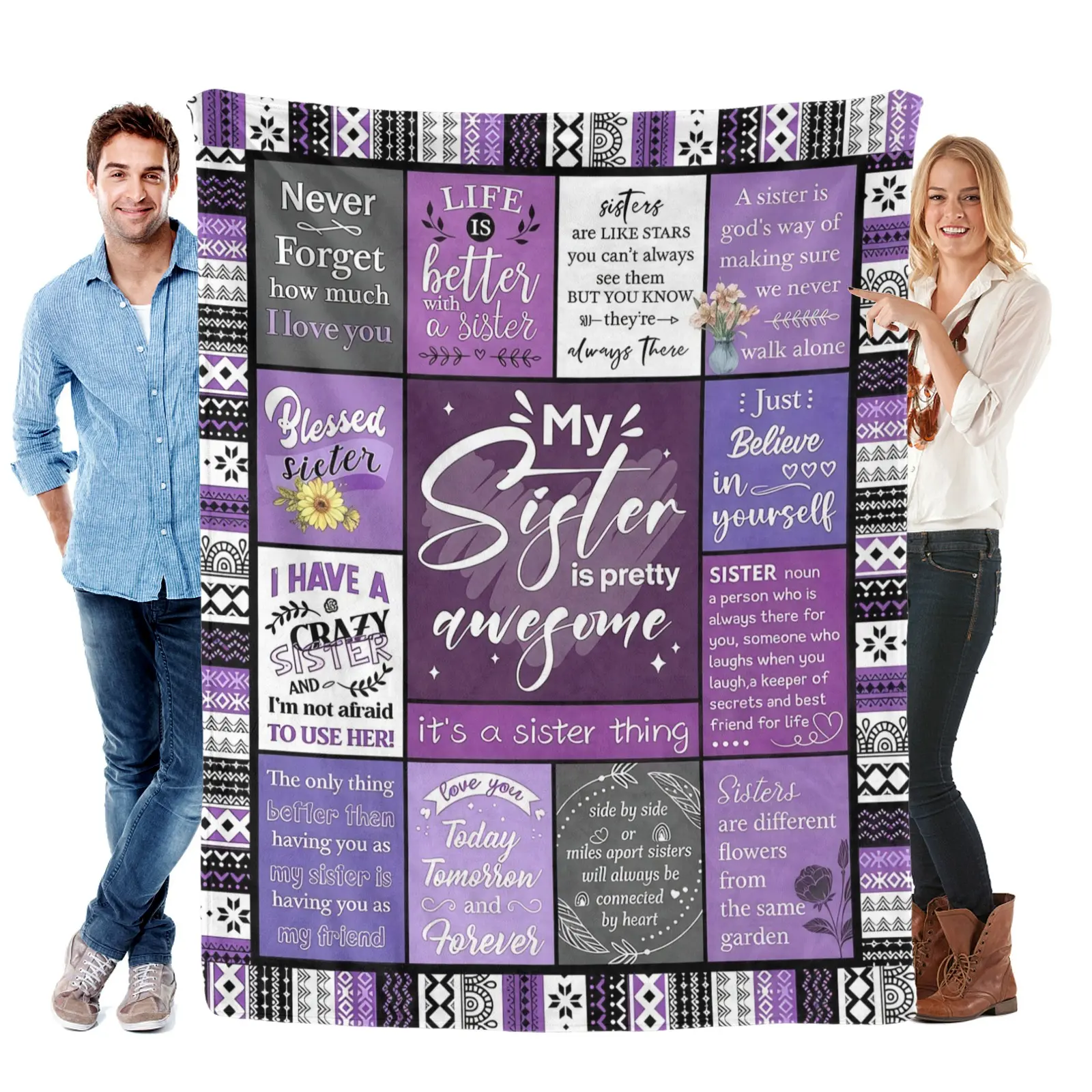 Sister Flannel Blanket - Cozy Chic Soft Comfy Durable 40*50 Inch Plush Blanket for Children, Purple Patchwork Home Accent with Heartwarming Sisterhood Quotes, Ideal Sister Gift