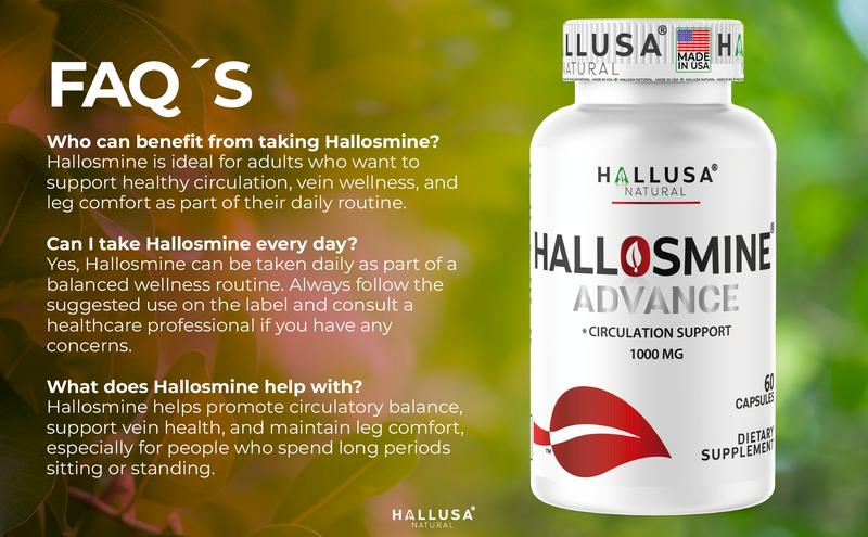 HALLUSA NATURAL HALLOSMINE ADVANCE 1000 mg x 60 Capsules Circulation Support with High-Potency Diosmin 90% for Healthy Vein & Blood Flow Gluten Free Non-GMO Dietary Supplement Made in USA - Edible