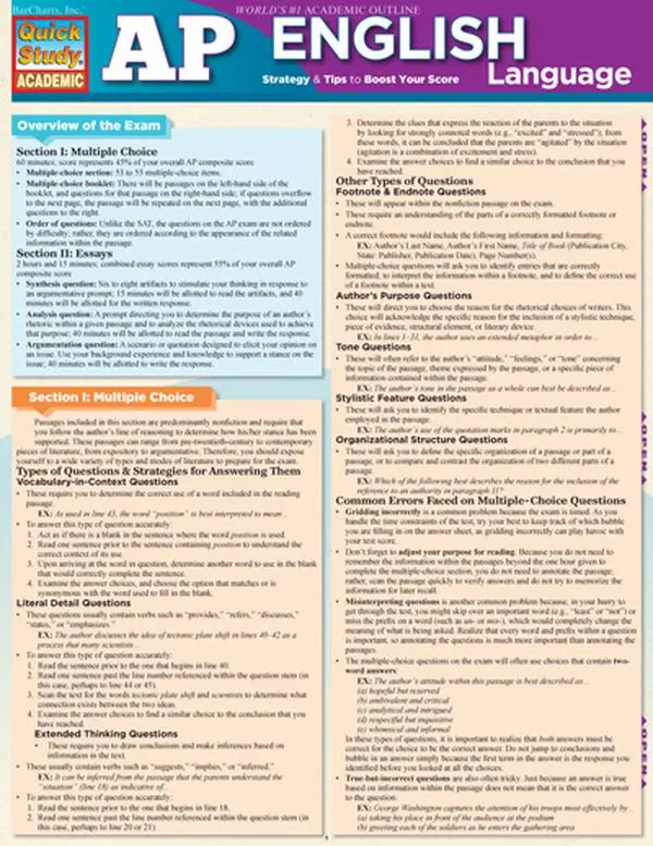 BarCharts 9781423222378 AP English Quickstudy Easel, 3-Panel Guide with Sample Problems, Test-Taking Hints, Vocabulary Terms for AP English Exam Prep Students
