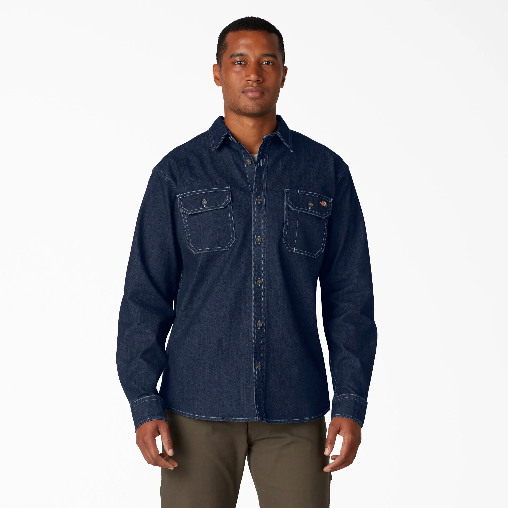 Dickies FLEX Denim Long Sleeve Shirt, Faux Menswear,Relaxed Fit,Utility Pockets Denim, Workwear