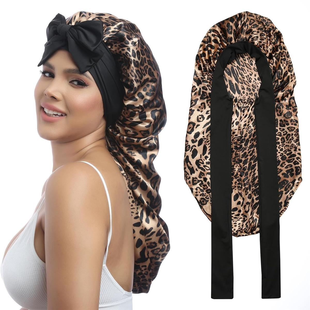 Single-Layer Summer Cool Style Solid Color Long Satin Bonnet Sleep Cap Adjustable Care Nightcap for Women Braids Curly Hair Natural Hair Wrap for Sleeping Cap with Tie Band Elastic Hair Care Bonnet