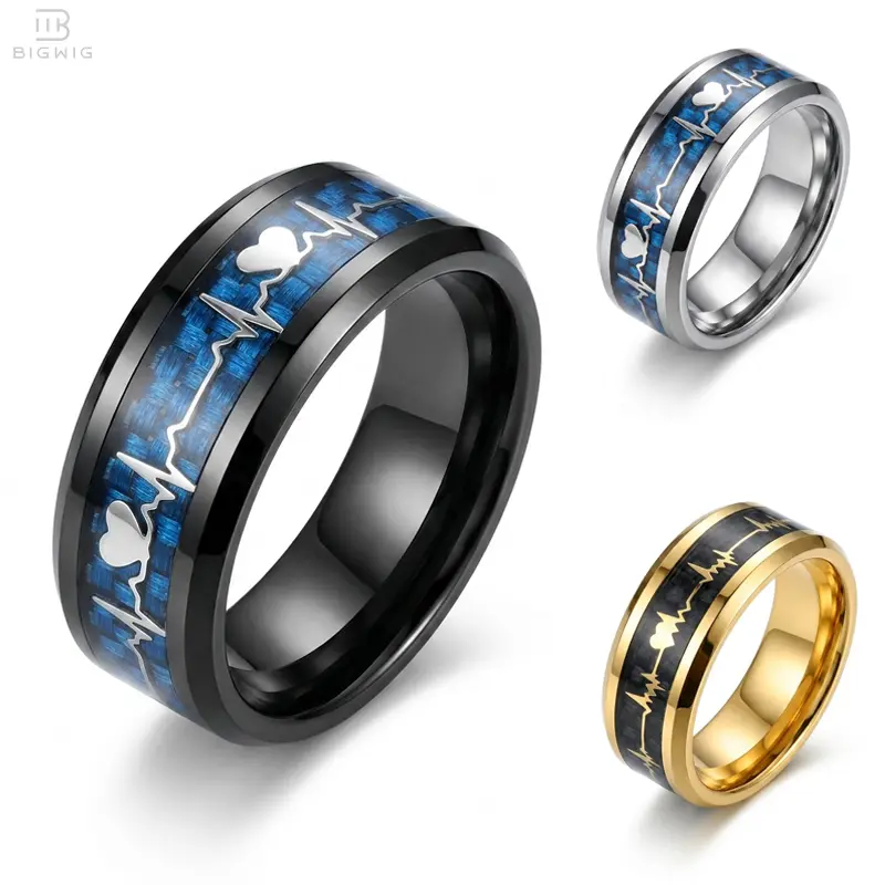 Heartbeat Carbon Fiber & Stainless Steel Ring for Men, Blue/Gold EKG Pulse Design Ring, Romantic Couple Promise Ring, Unisex Wedding Ring, Father's Day Gift 2026 Graduation Jewelry, Gift for Him men's accessories backtoschool
