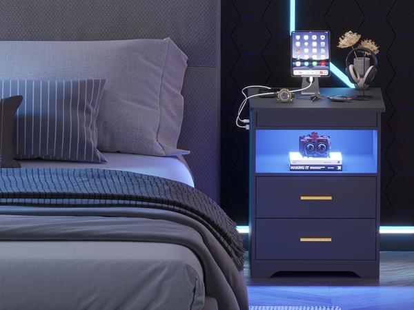 Miuvanity Nightstand Gun Drawer with USB & Type-C Port, LED Light, Modern Design for Office & Bedroom Storage, Includes Charging Station Bedside Table