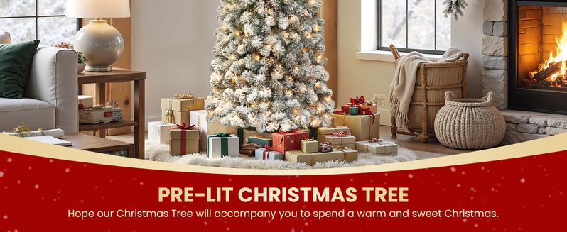 SHareconn 4/5/6/7.5/9 FT Pre-lit Snow Flocked Slim Christmas Tree with Warm White Lights & Dense Snow Flocked Branches, Ideal Pencil Tree Decoration