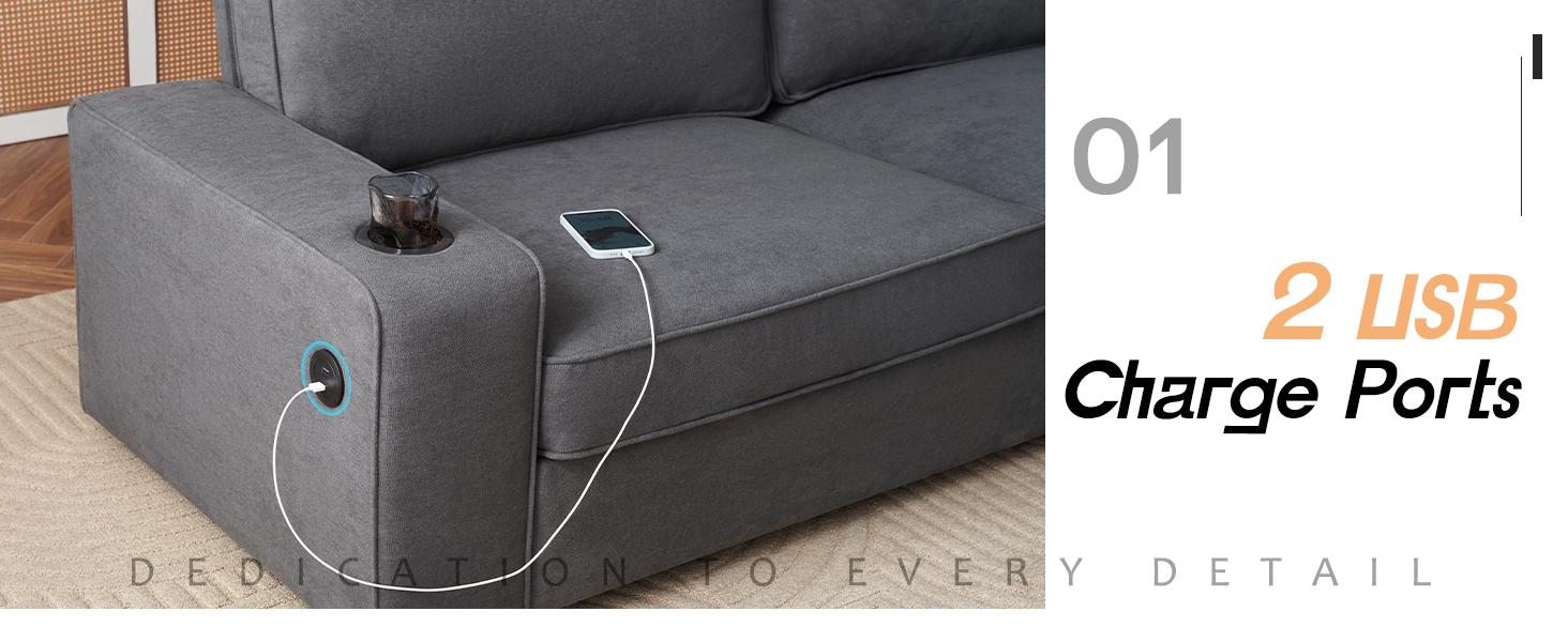 AMERLIFE Sofa, Modern Sofa Couch with USB Charging Ports & Cup Holders, Comfy Sofa- Deep Seat Couch for Living Room
