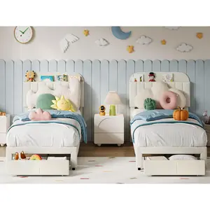Set of 2 Twin Bed Frame for Kids,Cream White Upholstered Platform Bed with Large Storage Drawer and Bookcase Headboard, Girls Boys Bed, Noise-Free, Easy Assembly, No Box Spring Needed