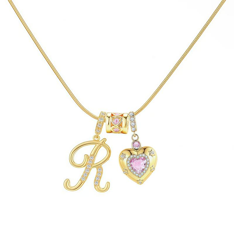 KATCH ME Women's Elegant 2-Pack Initial Letter Copper Pendant Necklaces, Rhinestone Stacking Necklace with Adjustable Chain, Basic 2 Set Jewelry Gift