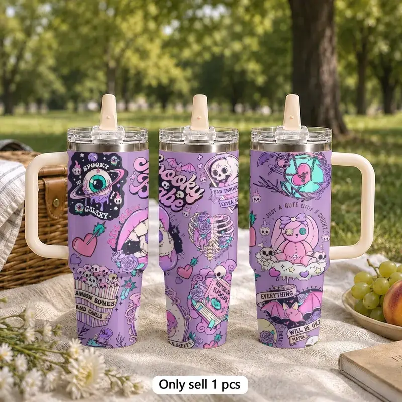 [Gift box and straw]  Pastel Goth Spooky Cute 40oz Tumbler with Handle & Straw Lid, Leakproof Stainless Steel Insulated Travel Mug, Kawaii Ghost Cartoon Cup, Car Cup Holder Friendly Iced Coffee Water Bottle for Gym Office Gift