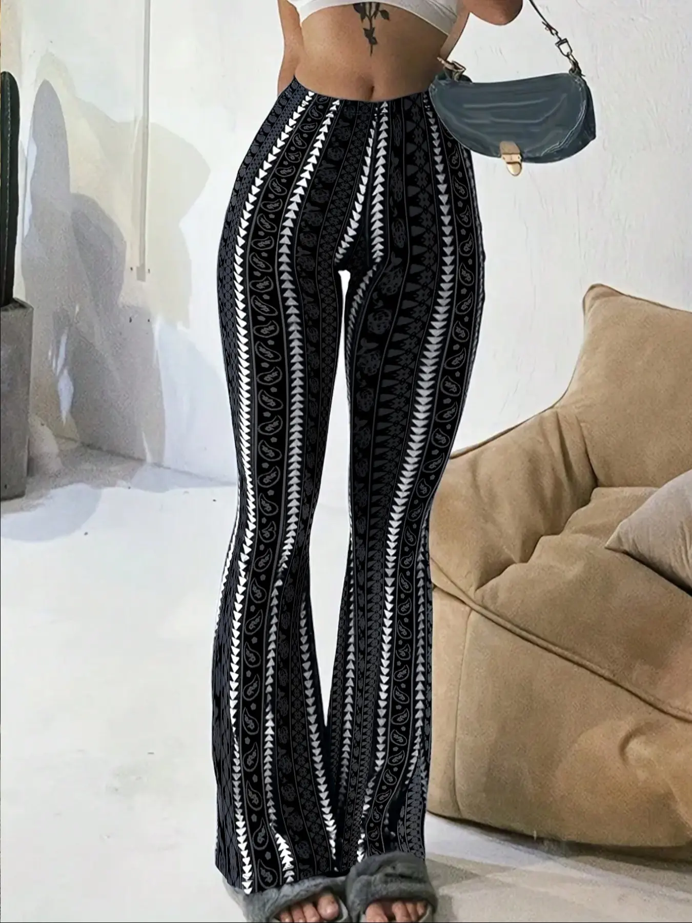 Boho Print Pants, Tribal Pattern Trousers, All Seasons Trousers, Flared Leg Pants, High Waist Pants, Stretchy Casual Pants, Retro Bohemian Pants, Festival Style Bottoms, Casual Chic Bottoms